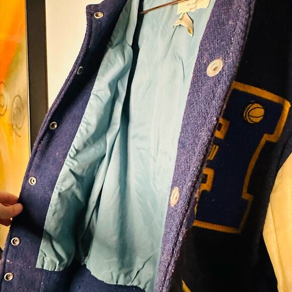 Vintage Hatchers Blue Gold 60s Letterman H University Leather Wool Jacket size S - Picture 10 of 12